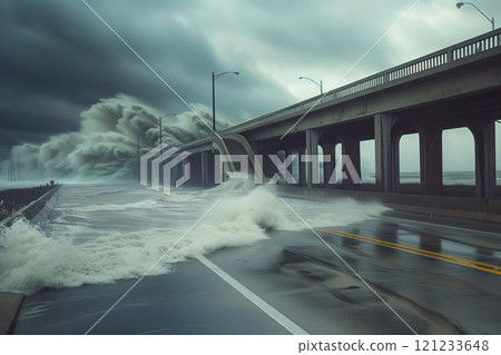 Powerful waves surge over coastal bridge during storm, highlighting impact of extreme weather on infrastructure. 121233648