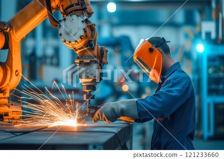 Worker uses welding machine under guidance of robotic arm, creating bright sparks in an industrial workshop. 121233660