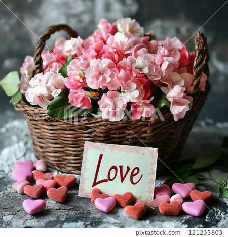 Woven Basket with Bright Flowers and Hearts, "Love" Card Woven Basket with Bright Flowers and Hearts, "Love" Card 121233803
