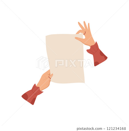 Hands hold blank paper note with love and care. Flat style of card and envelope for creative messages. Concept of communication, correspondence, handmade invitations. Hands hold blank paper note with love and care. Flat style of card and envelope for creative messages. Concept of communication, correspondence, handmade invitations. 121234168