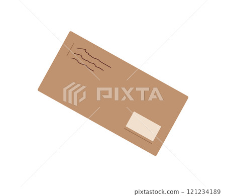 Flat envelope holds message or note in postal style. Cartoon icon of communication and delivery. Concept of love, holiday, and correspondence, suitable for greeting card or invitation design. 121234189