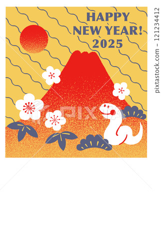 2025 Year of the Snake - Pop New Year's card illustration of red Mt. Fuji and a snake, vertical 121234412