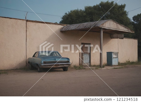 car at old gas station 121234518