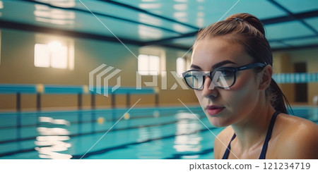 portrait of woman swimmer in pool 121234719
