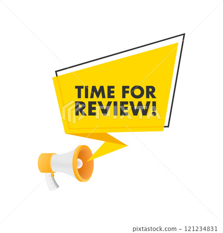 Megaphone announcing time for review on yellow speech bubble 121234831