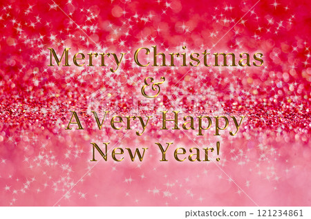 Merry Christmas and Happy New Year text with white stars on red cover background. 121234861