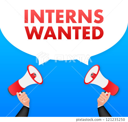 Hands holding megaphones announcing interns wanted on speech bubble Hands holding megaphones announcing interns wanted on speech bubble 121235250