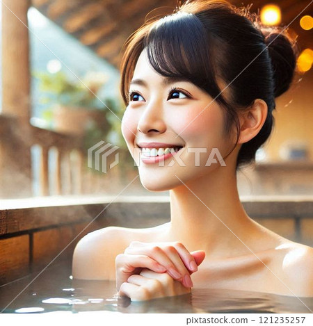 一位來溫泉小鎮旅行的女性在旅館的露天浴池放鬆身心。 121235257