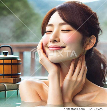 A woman who came to a hot spring resort on a trip relaxes in an open-air bath at a ryokan 121235259