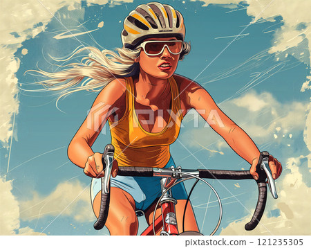 Woman cycling outdoors with flowing hair in vintage style artwork. Generative AI Woman cycling outdoors with flowing hair in vintage style artwork. Generative AI 121235305