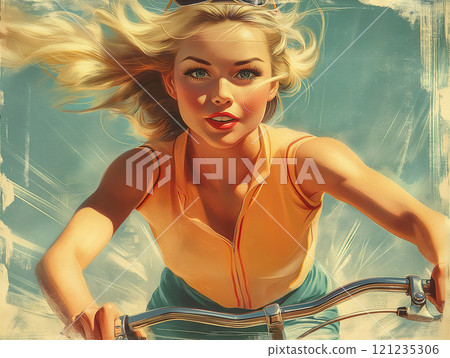 Joyful woman riding bicycle under bright blue sky. Generative AI 121235306