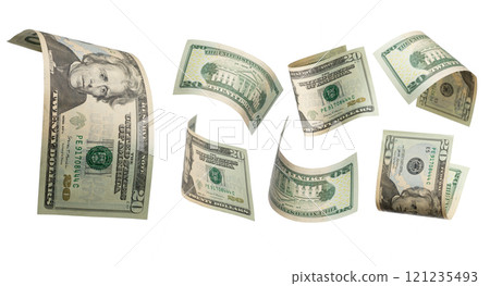 50 dollars flying on white background. USA banknotes at different angles. Front side 50 dollars flying on white background. USA banknotes at different angles. Front side 121235493