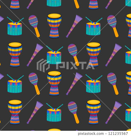 Seamless repeating pattern of percussion instruments. 121235567