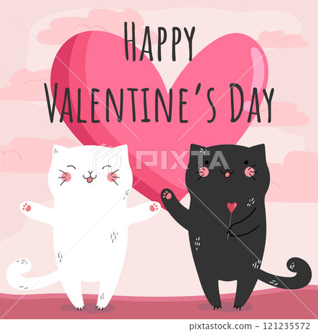 Valentine card with two hand drawn cats in love with heart on pink sunset background. Vector illustration 121235572