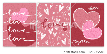 Set of Valentines love cards with calligraphy and textured hearts in pastel colors. Valentines Day concept. Vector illustration 121235580