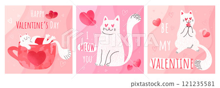 Set of Valentines Day greeting cards with cute hand drawn white cat. Cute cat in love, cat lying in a cup, biting heart. Vector template, cover, invitation Set of Valentines Day greeting cards with cute hand drawn white cat. Cute cat in love, cat lying in a cup, biting heart. Vector template, cover, invitation 121235581