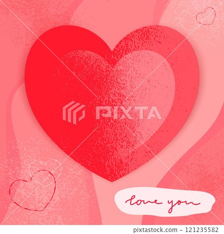 Bright Love card with textured heart shape and hand drawn phrase Love you. Vector Valentines Day template, cover, invitation Bright Love card with textured heart shape and hand drawn phrase Love you. Vector Valentines Day template, cover, invitation 121235582