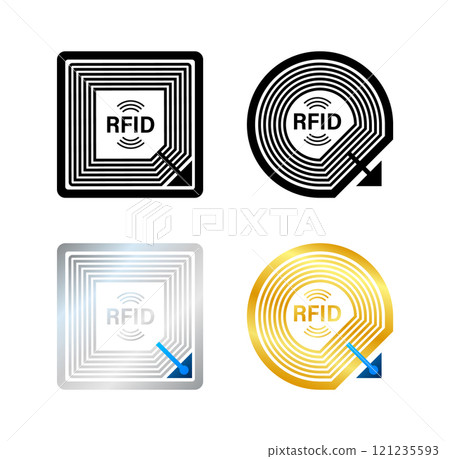 Rfid tags showing wireless communication technology in different shapes and colors Rfid tags showing wireless communication technology in different shapes and colors 121235593