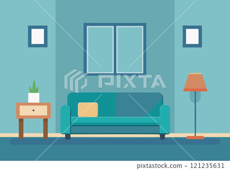 Living room interior with sofa in minimalistic flat style 121235631