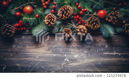 Snow-dusted pine garland with red berries and pinecones on rustic wood, capturing the cozy, festive spirit of winter and Christmas decor 121235678