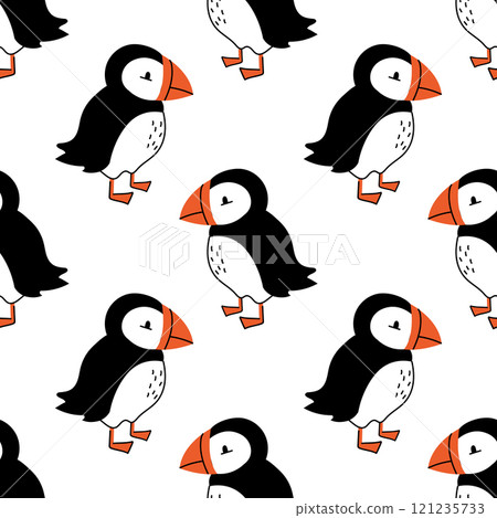 A seamless pattern with cute puffins. A fun print with Atlantic bird. Wrapping, wallpaper, background, poster, textile, notepad cover, texture template. 121235733
