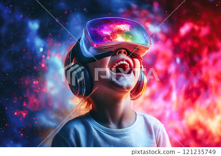 An excited child wearing a VR headset with a big smile on their face. The concept of immersive technology, joy, and the future of interactive entertainment. Generative AI. 121235749