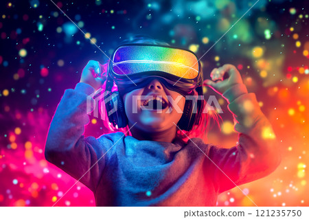 An excited child wearing a VR headset with a big smile on their face. The concept of immersive technology, joy, and the future of interactive entertainment. Generative AI. An excited child wearing a VR headset with a big smile on their face. The concept of immersive technology, joy, and the future of interactive entertainment. Generative AI. 121235750