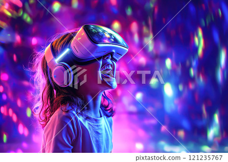 An excited child wearing a VR headset with a big smile on their face. The concept of immersive technology, joy, and the future of interactive entertainment. Generative AI. 121235767
