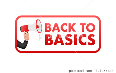 Businessman holding megaphone announcing back to basics inside red frame 121235788