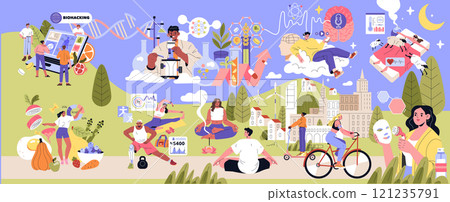 Biohacking concept set. Personalized nutrition analysis and fitness activities. Mental health, sleep optimization, and sustainable lifestyle practices. Vector illustration. 121235791