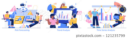 Forecasting set. Professionals and AI engaging in risk, trend, and time series analysis. Teamwork in data interpretation and predictive modeling. Vector illustration. Forecasting set. Professionals and AI engaging in risk, trend, and time series analysis. Teamwork in data interpretation and predictive modeling. Vector illustration. 121235799