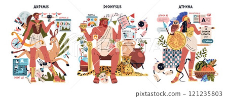 Olympic Gods AI set. Modern twist on Artemis, Dionysus, and Athena with technology elements. Mythology meets artificial intelligence theme. Vector illustration. 121235803