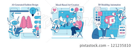 Automation in creativity set. Robots designing clothes, creating art based on emotions, and automating 3D modeling. Human-AI collaboration. Vector illustration. Automation in creativity set. Robots designing clothes, creating art based on emotions, and automating 3D modeling. Human-AI collaboration. Vector illustration. 121235810