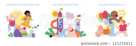 Baby's First Year set. Diverse babies engage in developmental activities and celebrate milestones. Infancy growth stages, learning, and playtime illustrated. Vector illustration. 121235811
