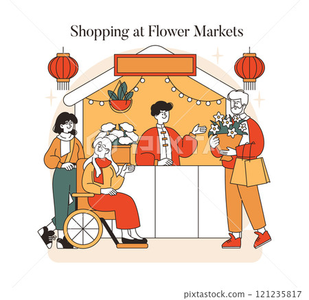 Lunar New Year celebration with people buying flowers at a festive market. Cultural tradition of festive shopping illustrated. Vector illustration. Lunar New Year celebration with people buying flowers at a festive market. Cultural tradition of festive shopping illustrated. Vector illustration. 121235817