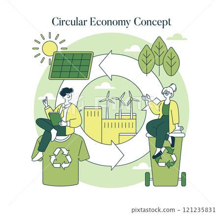 Circular Economy Concept illustration. Individuals partake in sustainable practices within a green circular arrow, symbolizing resource regeneration. Vector illustration. 121235831