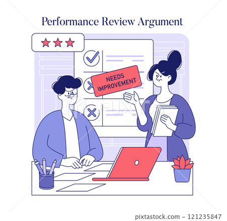 Workplace dispute concept. Employees engage in a heated argument during a performance review with critical feedback. Office confrontation, conflict resolution. Vector illustration. Workplace dispute concept. Employees engage in a heated argument during a performance review with critical feedback. Office confrontation, conflict resolution. Vector illustration. 121235847