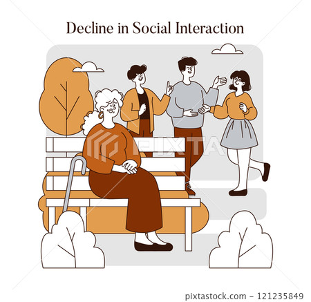 Retirement challenges concept. Elderly person experiences social disconnection as younger individuals engage with each other. Isolation affects mental health. Vector illustration. 121235849