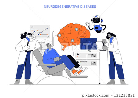 Neurodegenerative Diseases concept. Researchers analyze brain health with advanced technology and AI assistance. Medical examination, diagnostics, and treatment. Vector illustration. 121235851