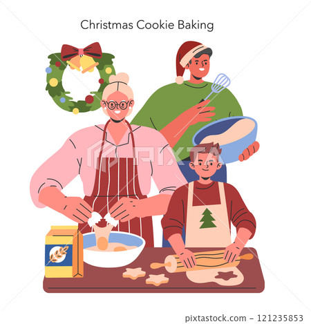 Christmas Cookie Baking concept. A heartwarming scene of a family preparing holiday treats together. Cozy home cooking, festive spirit and traditions. Vector illustration. 121235853