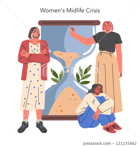 Women facing midlife crisis concept. Three different women contemplate time passing by through an hourglass, reflecting on life changes. Vector illustration. Women facing midlife crisis concept. Three different women contemplate time passing by through an hourglass, reflecting on life changes. Vector illustration. 121235862