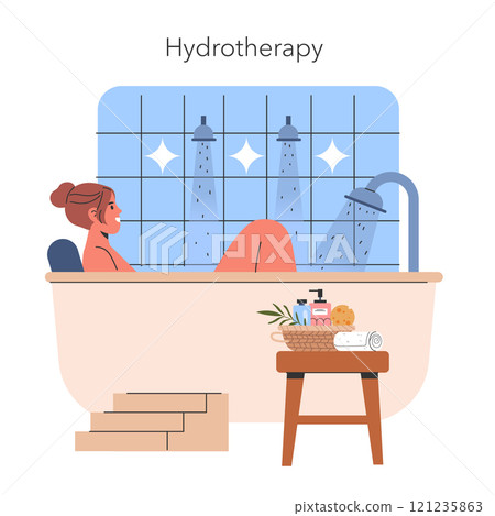 Hydrotherapy concept. Woman enjoys a relaxing bath with therapeutic elements, promoting health and wellness. Self-care routine in serene bathroom. Vector illustration. 121235863