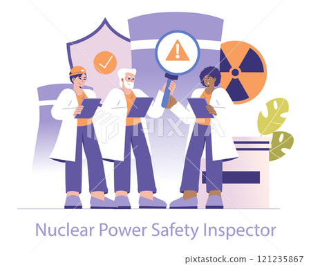 Nuclear Power Safety Inspection concept. Diverse team of inspectors ensuring plant safety, with clipboard, magnifying glass, and radiation symbol. Vector illustration. Nuclear Power Safety Inspection concept. Diverse team of inspectors ensuring plant safety, with clipboard, magnifying glass, and radiation symbol. Vector illustration. 121235867