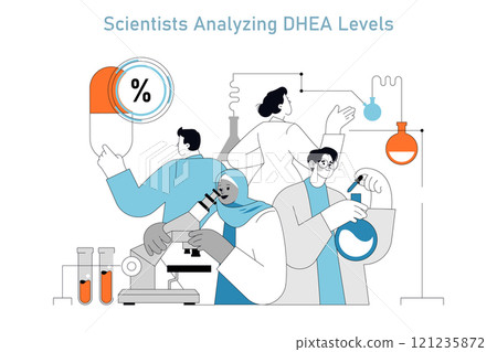 DHEA Supplement concept. Illustration of multiethnic scientists testing and analyzing DHEA hormone levels in a laboratory setting with precision. Vector illustration. 121235872