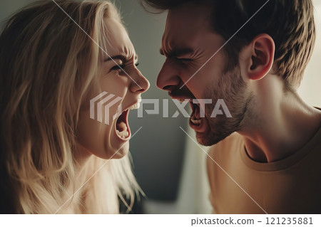 A couple is yelling at each other. The concept of conflict, communication breakdown, and emotional tension in relationships. Generative Ai. 121235881