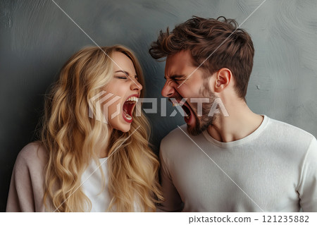 A couple is yelling at each other. The concept of conflict, communication breakdown, and emotional tension in relationships. Generative Ai. 121235882