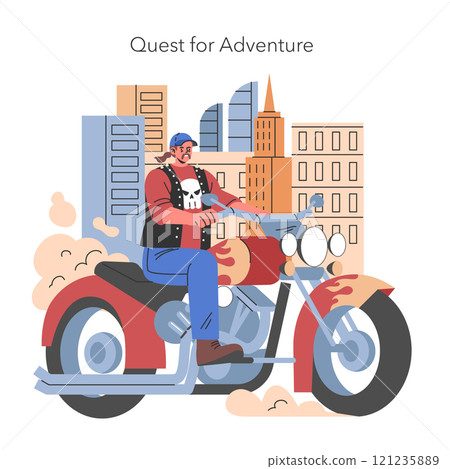 Midlife Crisis concept. Illustration of a man embracing change by riding a motorcycle for a new adventure against a city backdrop. Style and format: Vector illustration. Midlife Crisis concept. Illustration of a man embracing change by riding a motorcycle for a new adventure against a city backdrop. Style and format: Vector illustration. 121235889