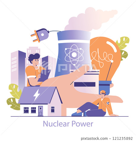 Nuclear Power concept. Clean energy generation, modern electricity through atomic innovation, and atomic science advancement. Vector illustration. 121235892