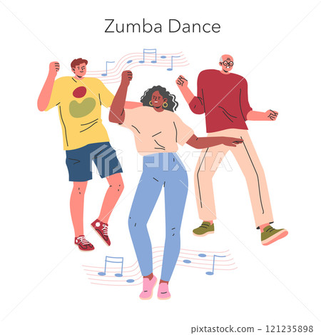 Zumba Dance concept. Energetic group enjoying rhythmic dance moves to music notes. Fitness class activity, fun workout session. Vector illustration. 121235898