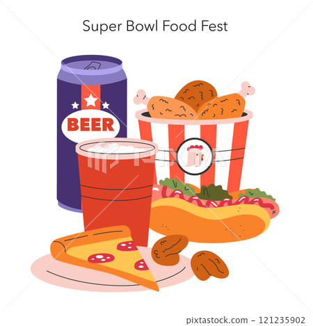 Super Bowl celebration concept. An illustration featuring snacks, beer, and a hot dog, capturing the festive spirit of game day. Vector illustration. 121235902